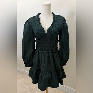 Moodie Dark Green Poplin Smocked Mini Dress